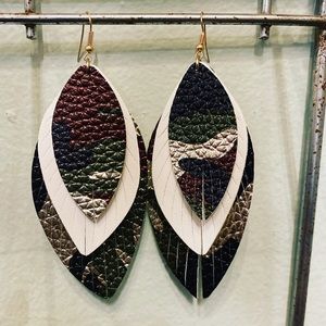 Long leather camo earrings